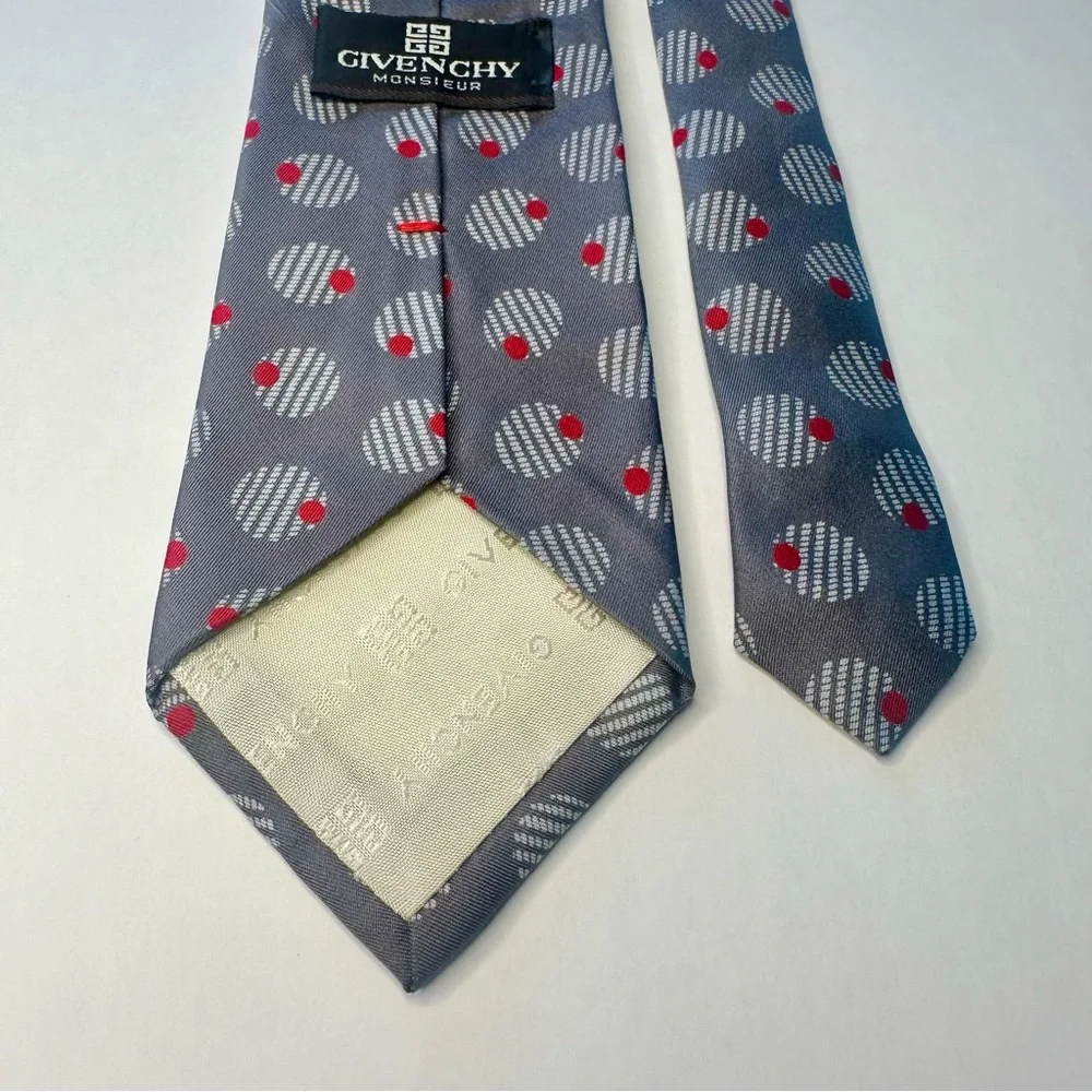 Vintage GIVENCHY MONSIEUR Gray Abstracted Olive Patterned Classic Silk Tie,